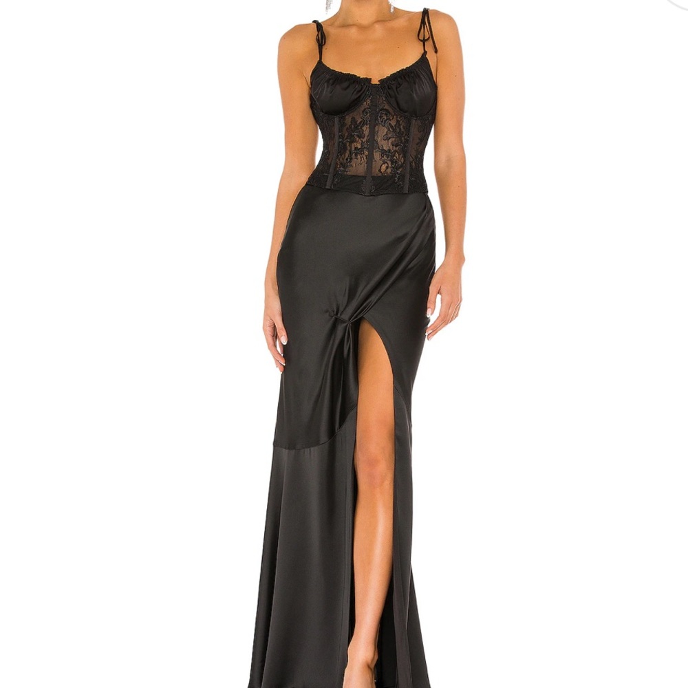 V. Chapman Black Lace Bodice Satin Gown with High Slit